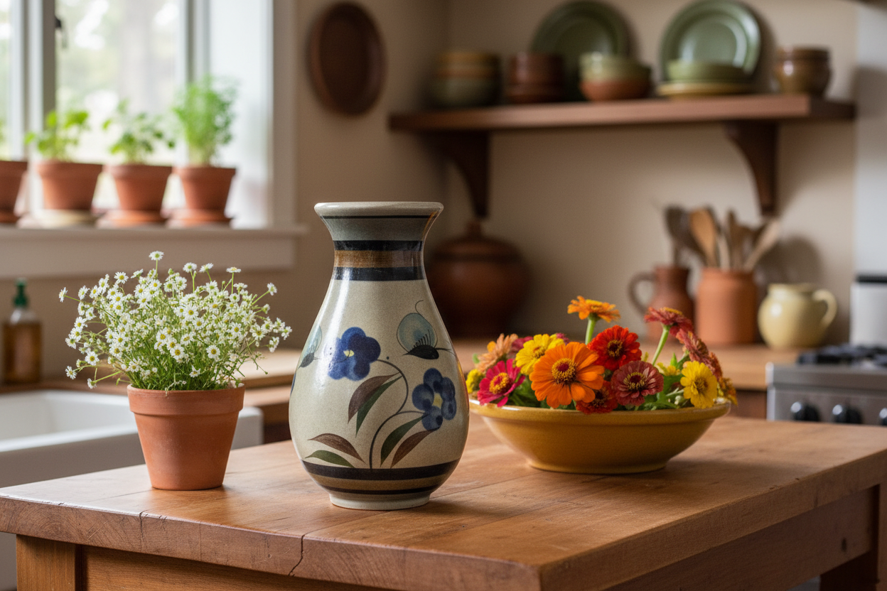 Studio Signed Art Pottery Vase - Handmade Floral Design Blue & Neutral 5.5"