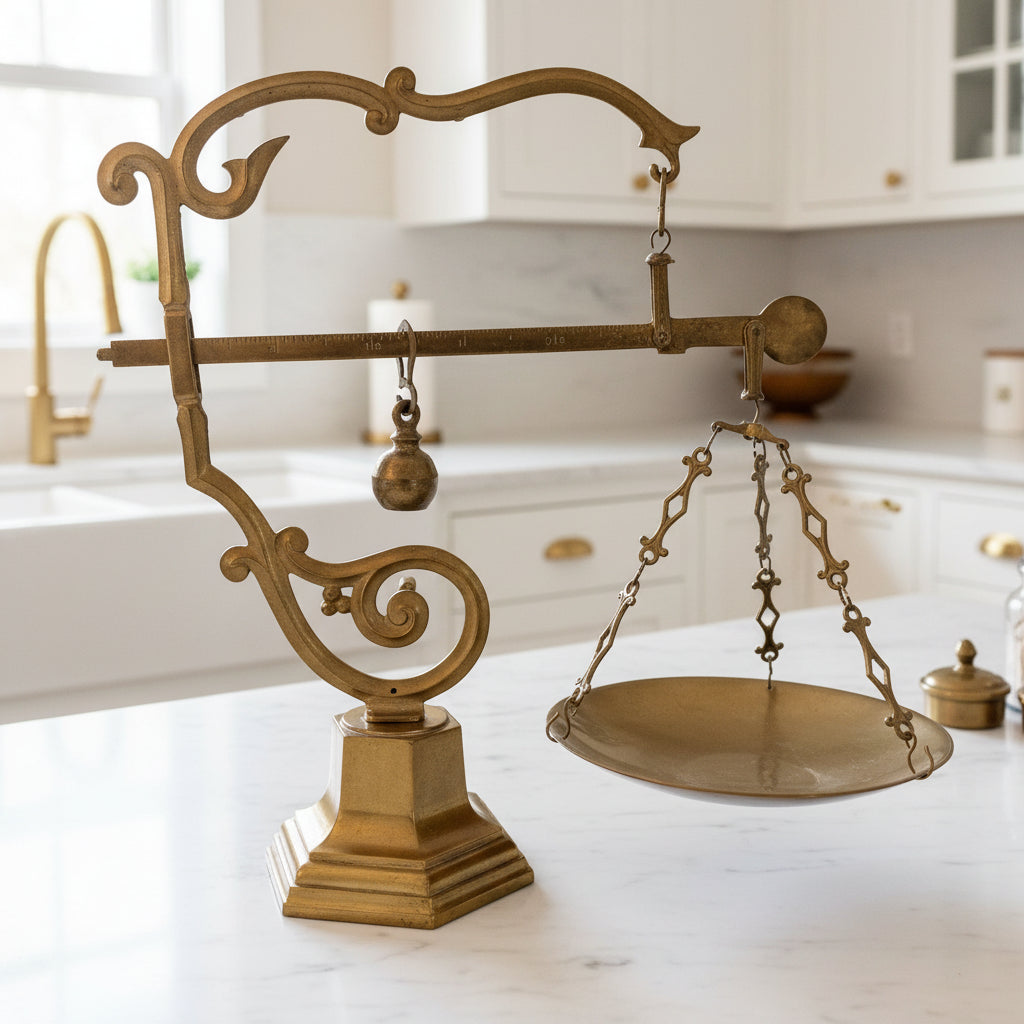 Vintage Brass Tuscan Balance Scale with Weights - Mid-Century Kitchen Decor