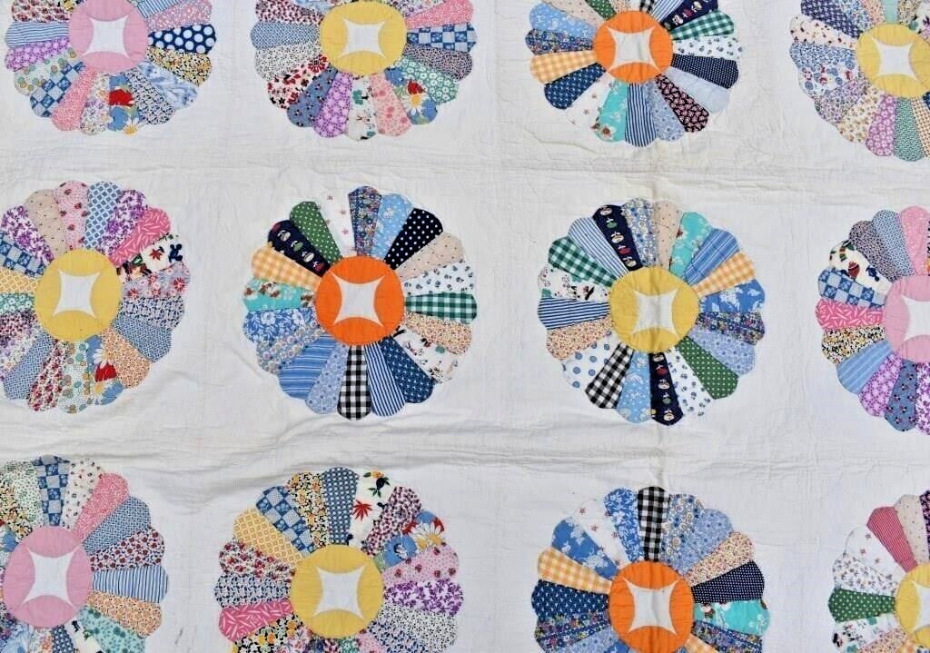 1935 Handmade Signed Ina Kimble Dresden Plate Quilt - Reel Center 64" x 78" Vintage Cotton