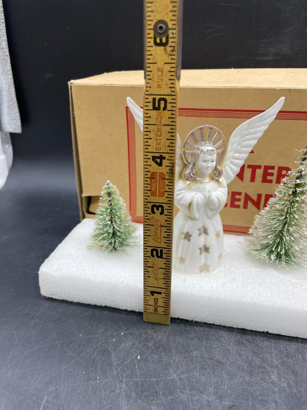 Vintage 1950s Bradford Winter Scene Christmas Angels Figurine - Boxed Hard Plastic 12"