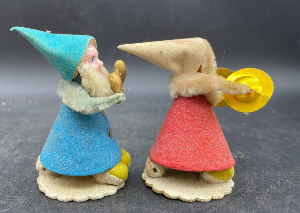 Vintage 1950s Japanese Chenille Putz Musician Elf Ornaments - Set of 2