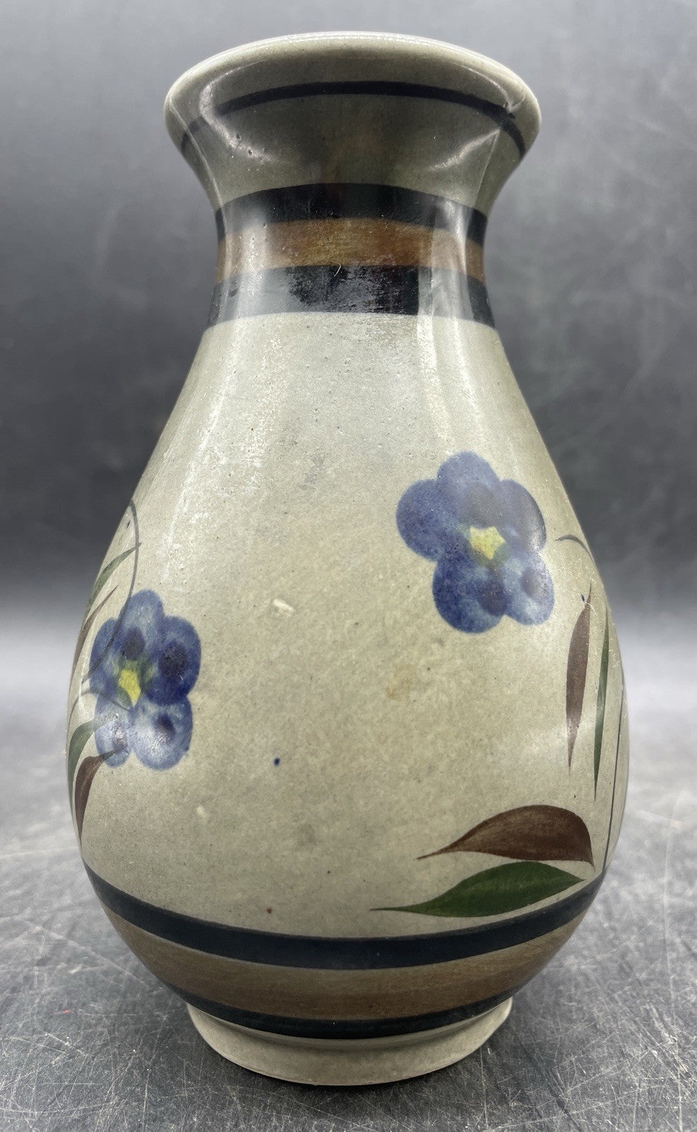 Studio Signed Art Pottery Vase - Handmade Floral Design Blue & Neutral 5.5"