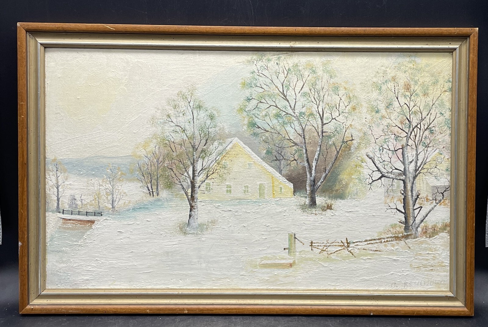 C. Reinhold Winter Landscape Oil Painting - PA Folk Art Framed 20" x 13"