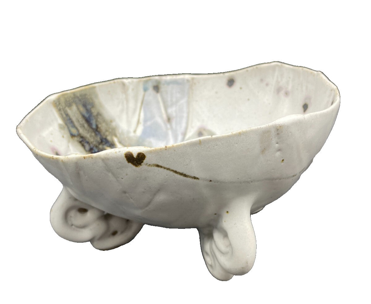 Signed Art Pottery Footed Bowl - Multicolor Glazed Stoneware
