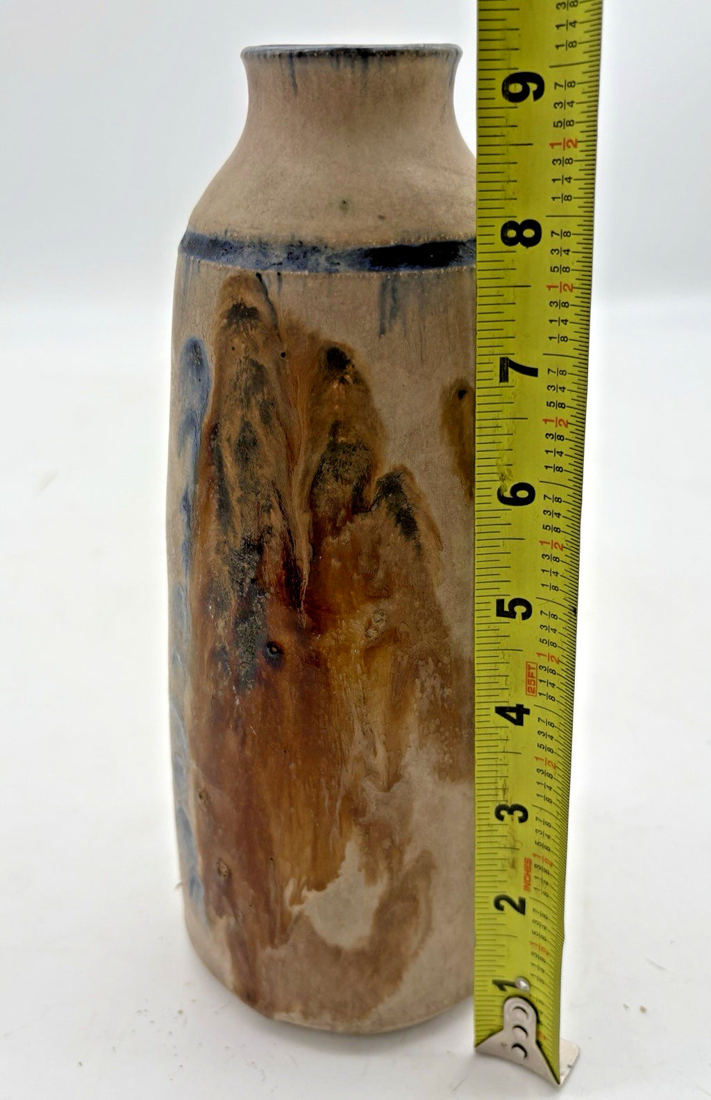 Franklin Signed Raku Pottery Bowl Taupe Blue Copper Studio Art Ceramic