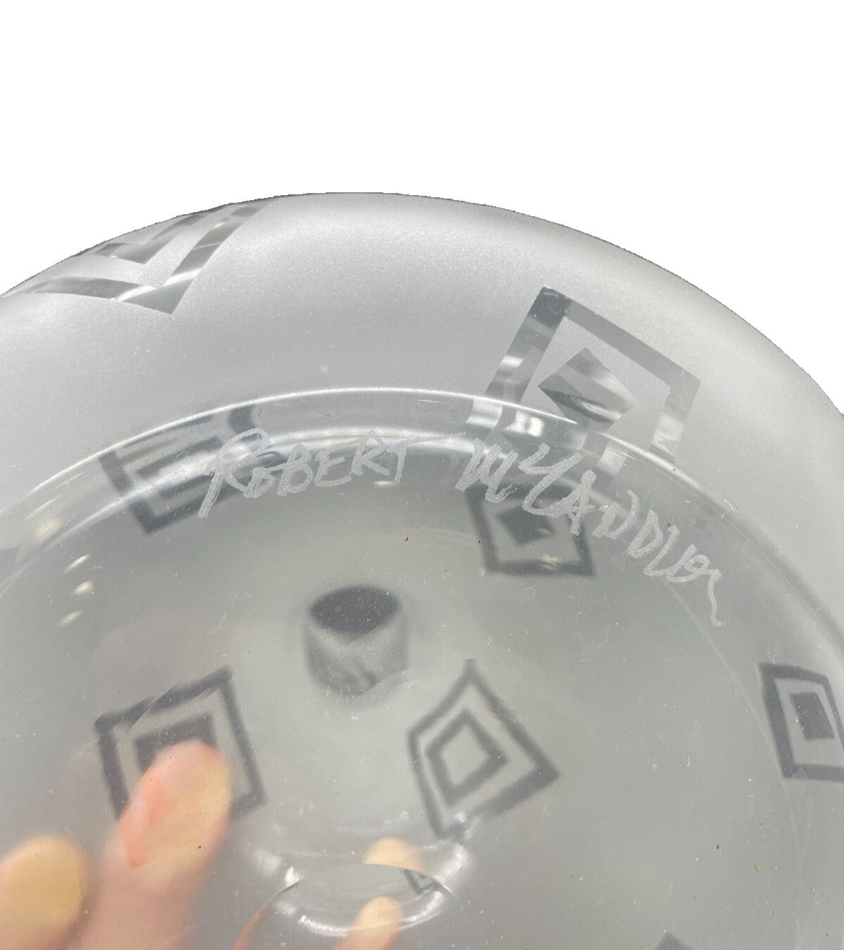 Art Glass Decanter Robert McCandless Signed, Etched Frosted Geometric Pattern