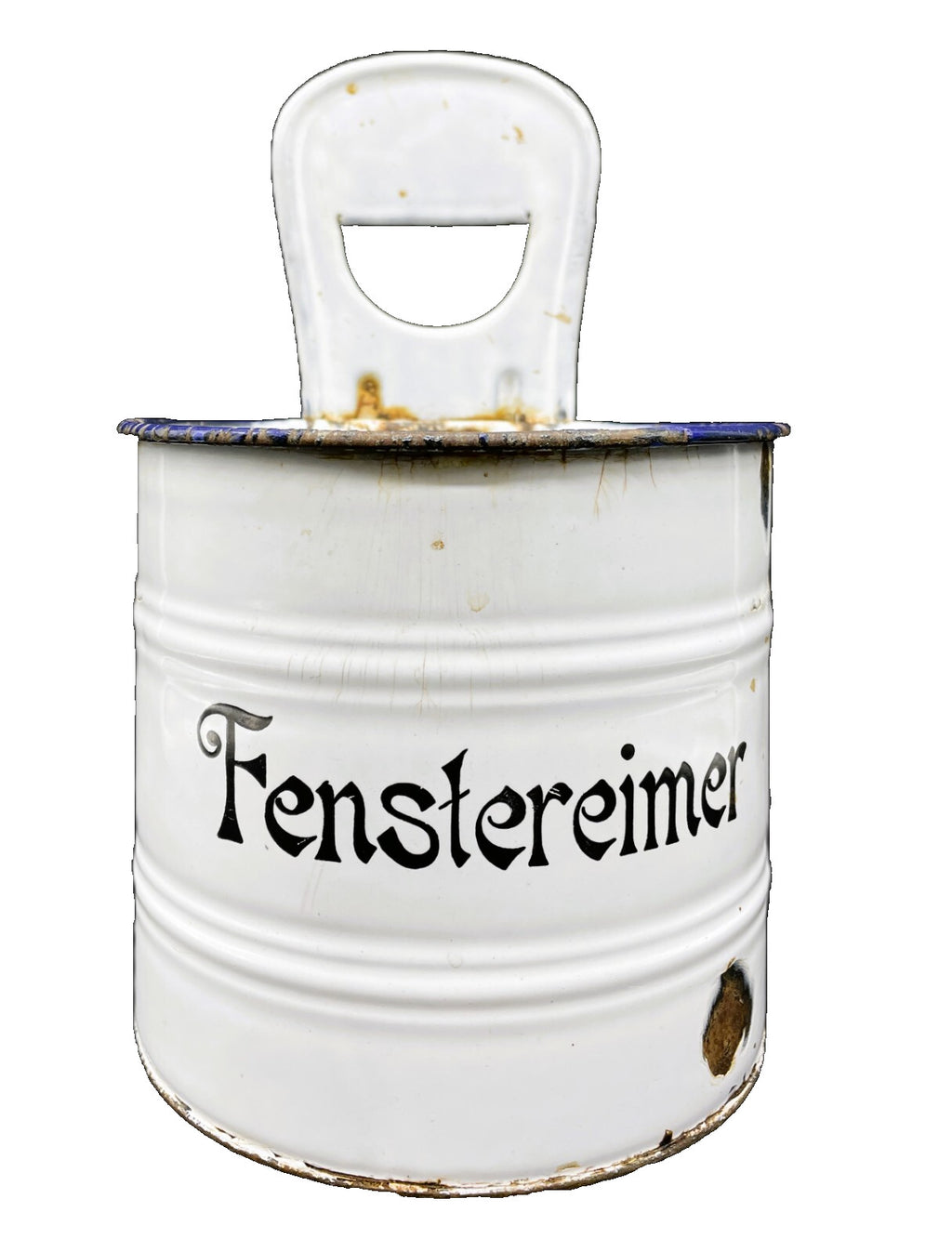 Vintage German Enamelware Bucket - Snow on Mountain White with Black Trim