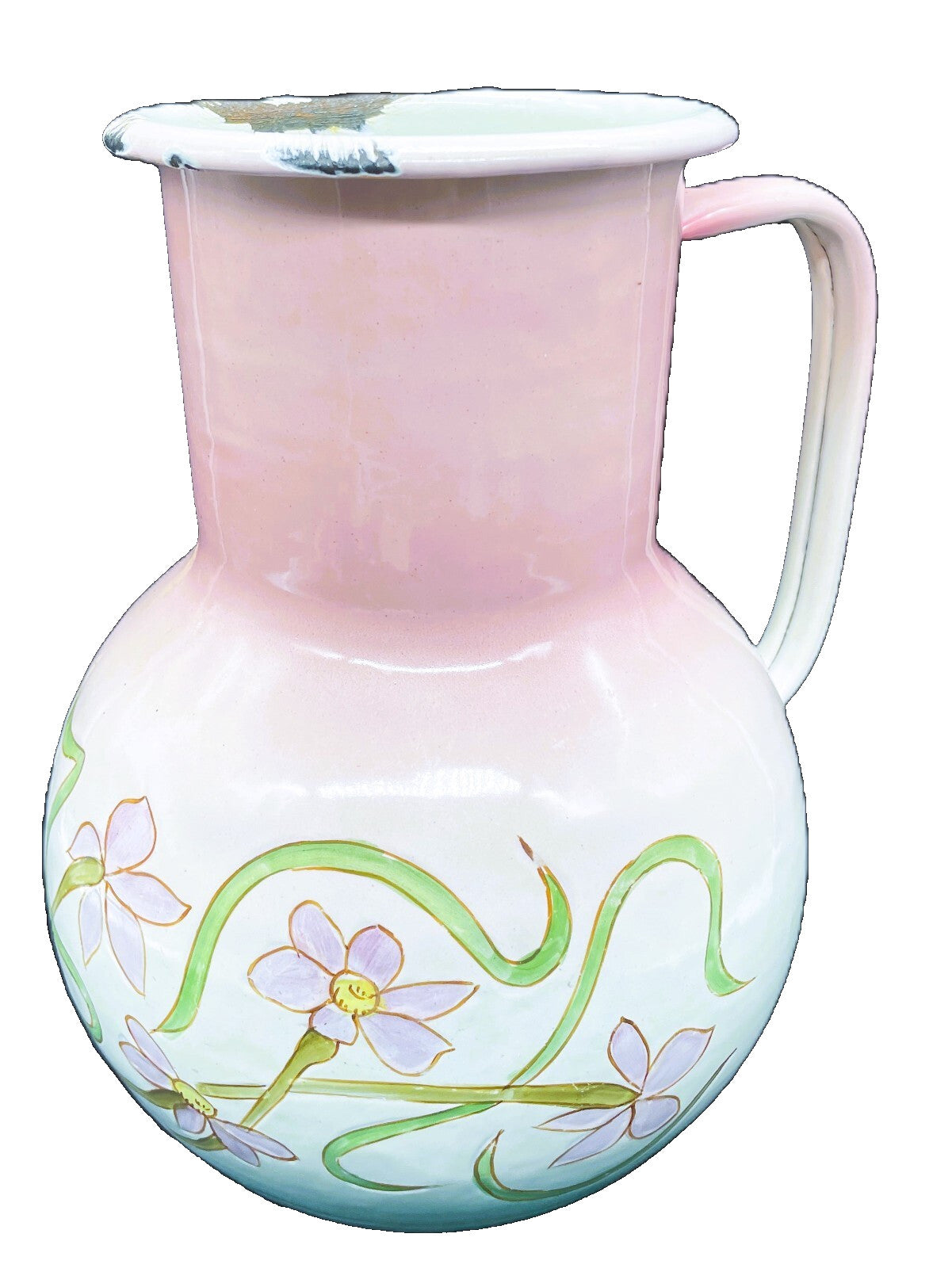 Antique French Country Enamel Pitcher - Large 11" Floral Boudoir Pitcher 1900-1919