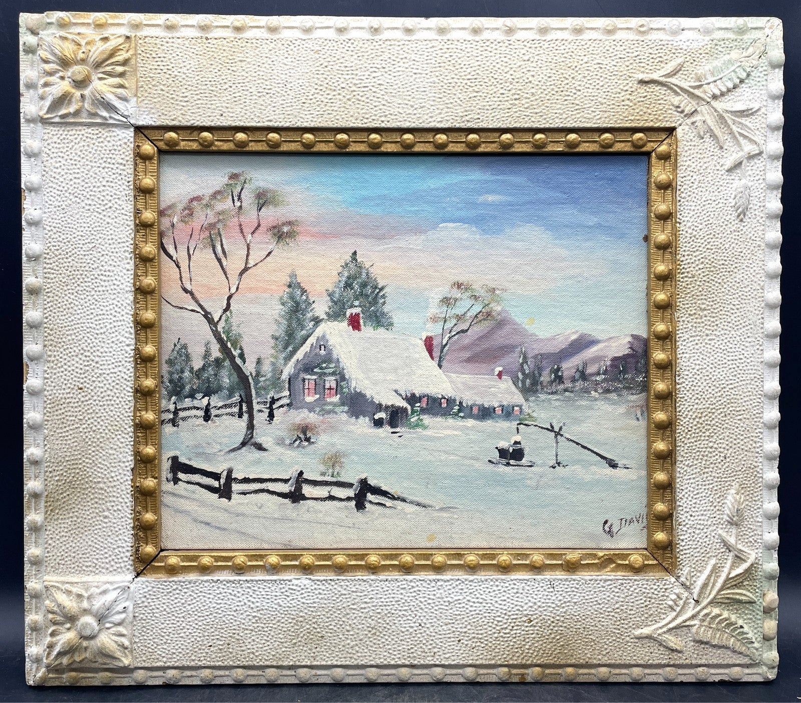 G. Davis Signed Folk Art Winter Landscape Painting - Framed Original 17" x 15"