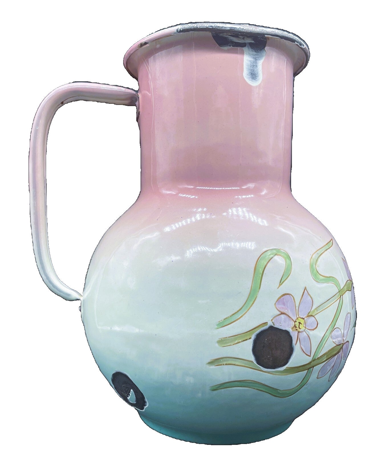 Antique French Country Enamel Pitcher - Large 11" Floral Boudoir Pitcher 1900-1919