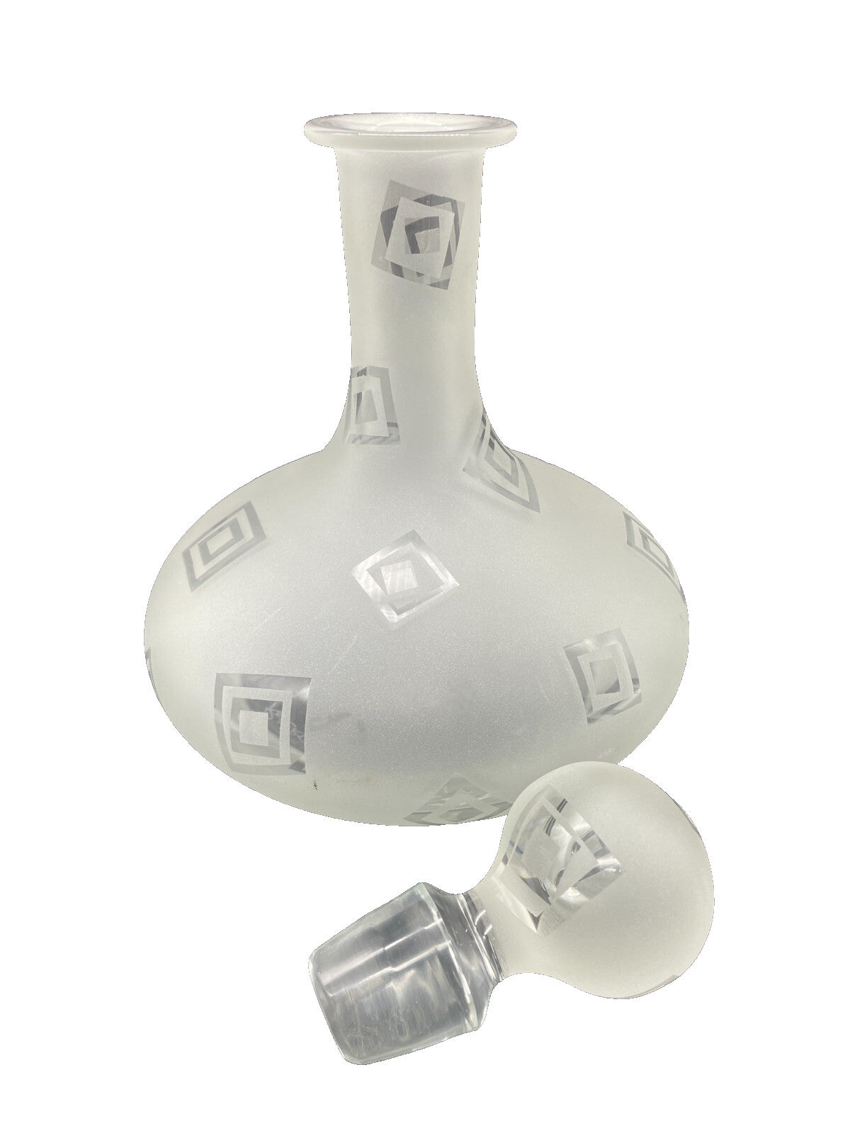 Art Glass Decanter Robert McCandless Signed, Etched Frosted Geometric Pattern