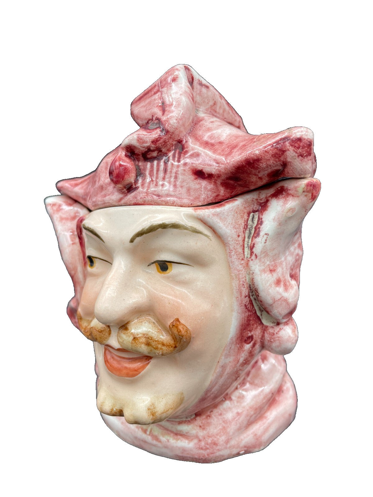 Vintage Majolica Style Figural Man Head Tobacco Jar / Humidor, Court Jester