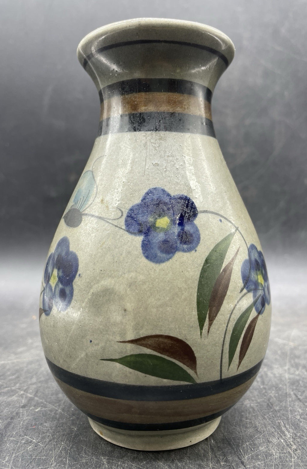 Studio Signed Art Pottery Vase - Handmade Floral Design Blue & Neutral 5.5"