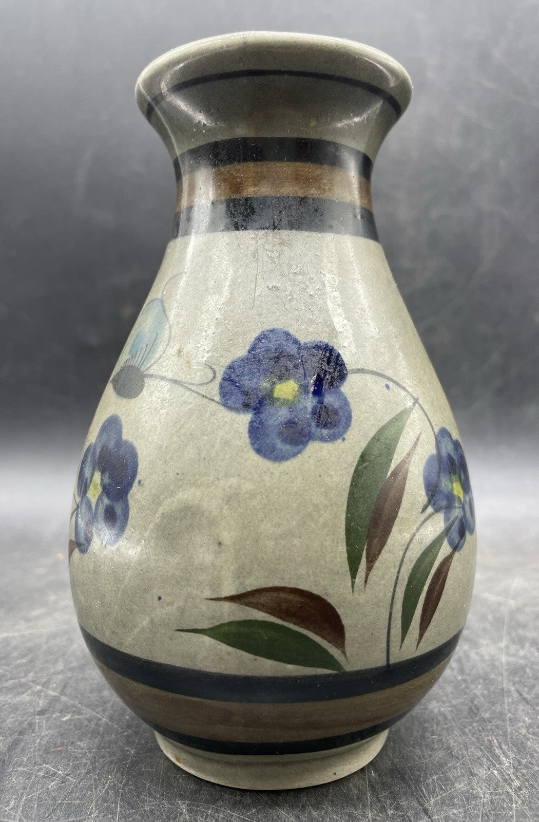 Studio Signed Art Pottery Vase - Handmade Floral Design Blue & Neutral 5.5"