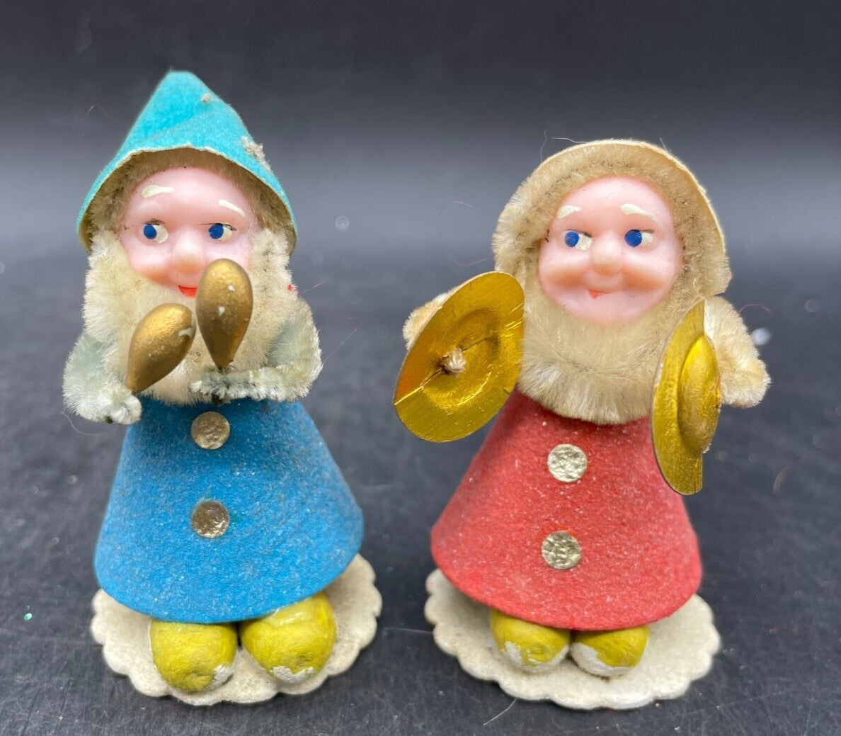 Vintage 1950s Japanese Chenille Putz Musician Elf Ornaments - Set of 2
