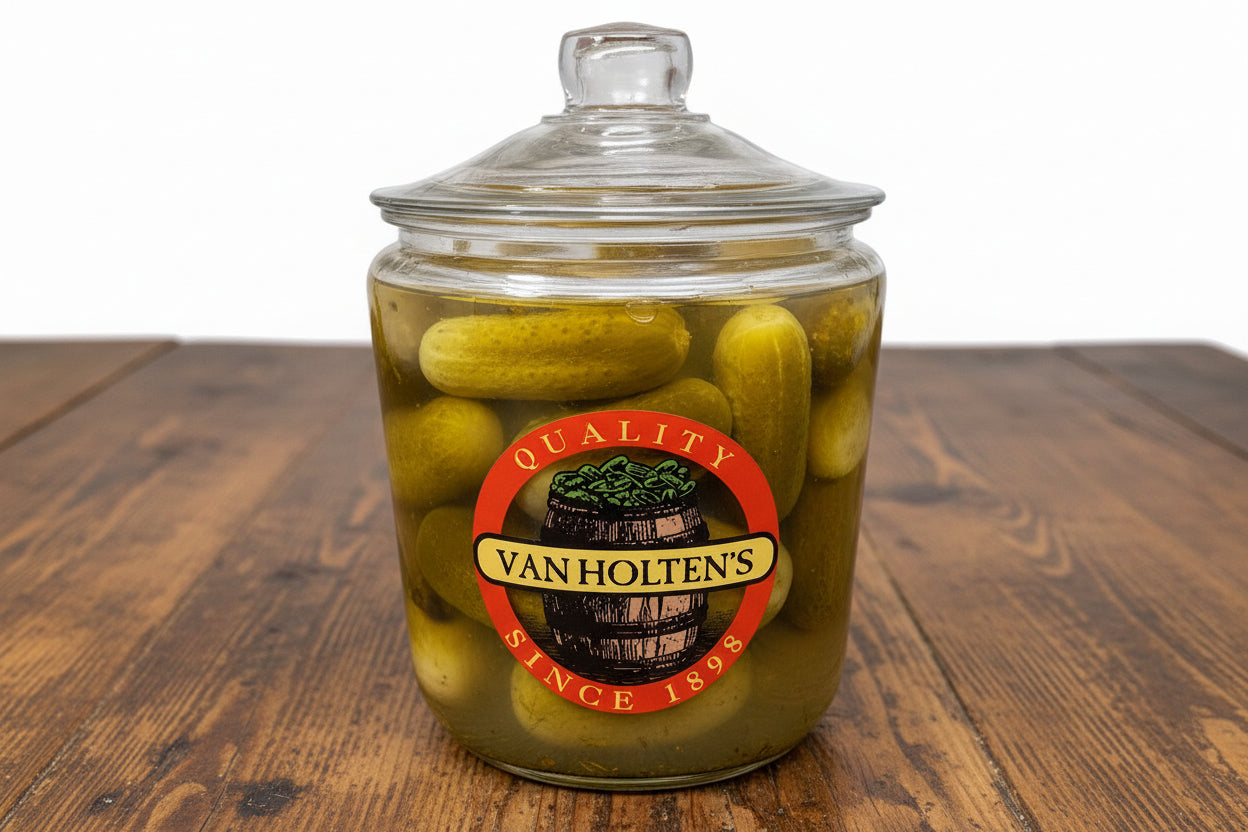Vintage Van Holten's Glass Pickle Jar Large Keg Barrel Lid Cookie Jar