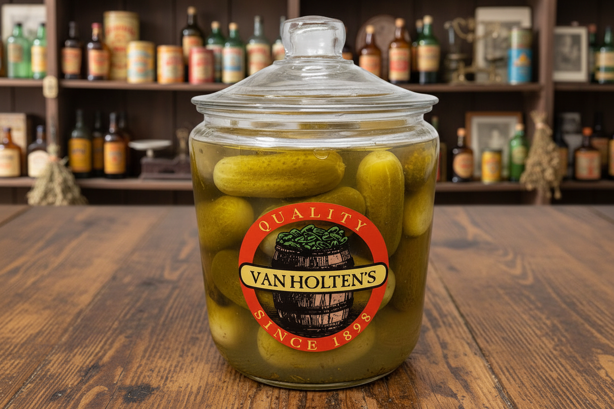 Vintage Van Holten's Glass Pickle Jar Large Keg Barrel Lid Cookie Jar