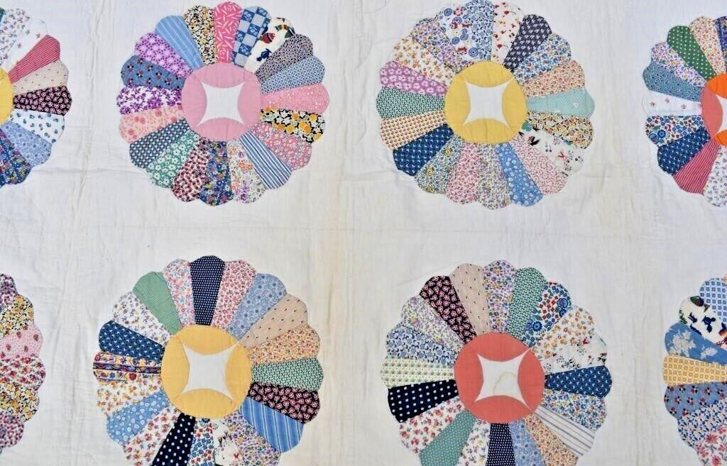 1935 Handmade Signed Ina Kimble Dresden Plate Quilt - Reel Center 64" x 78" Vintage Cotton