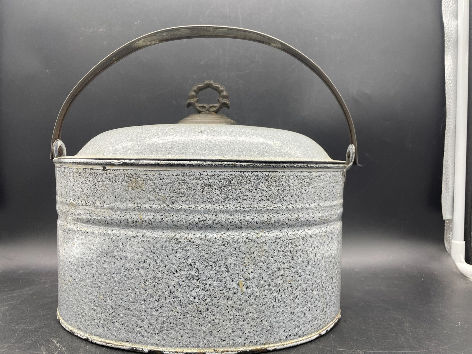 Antique Grey Gray Graniteware Enamelware Butter Storage Bucket Lunch Box Pail