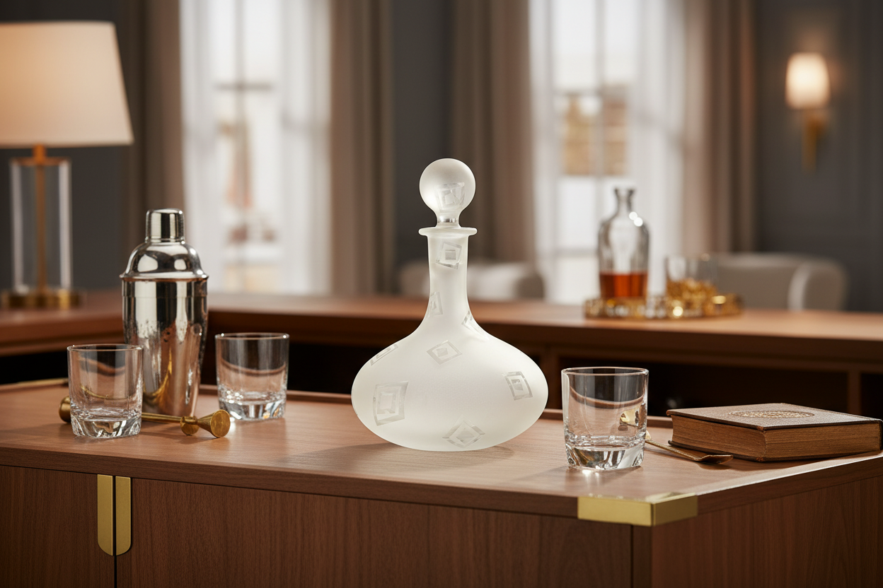 Art Glass Decanter Robert McCandless Signed, Etched Frosted Geometric Pattern