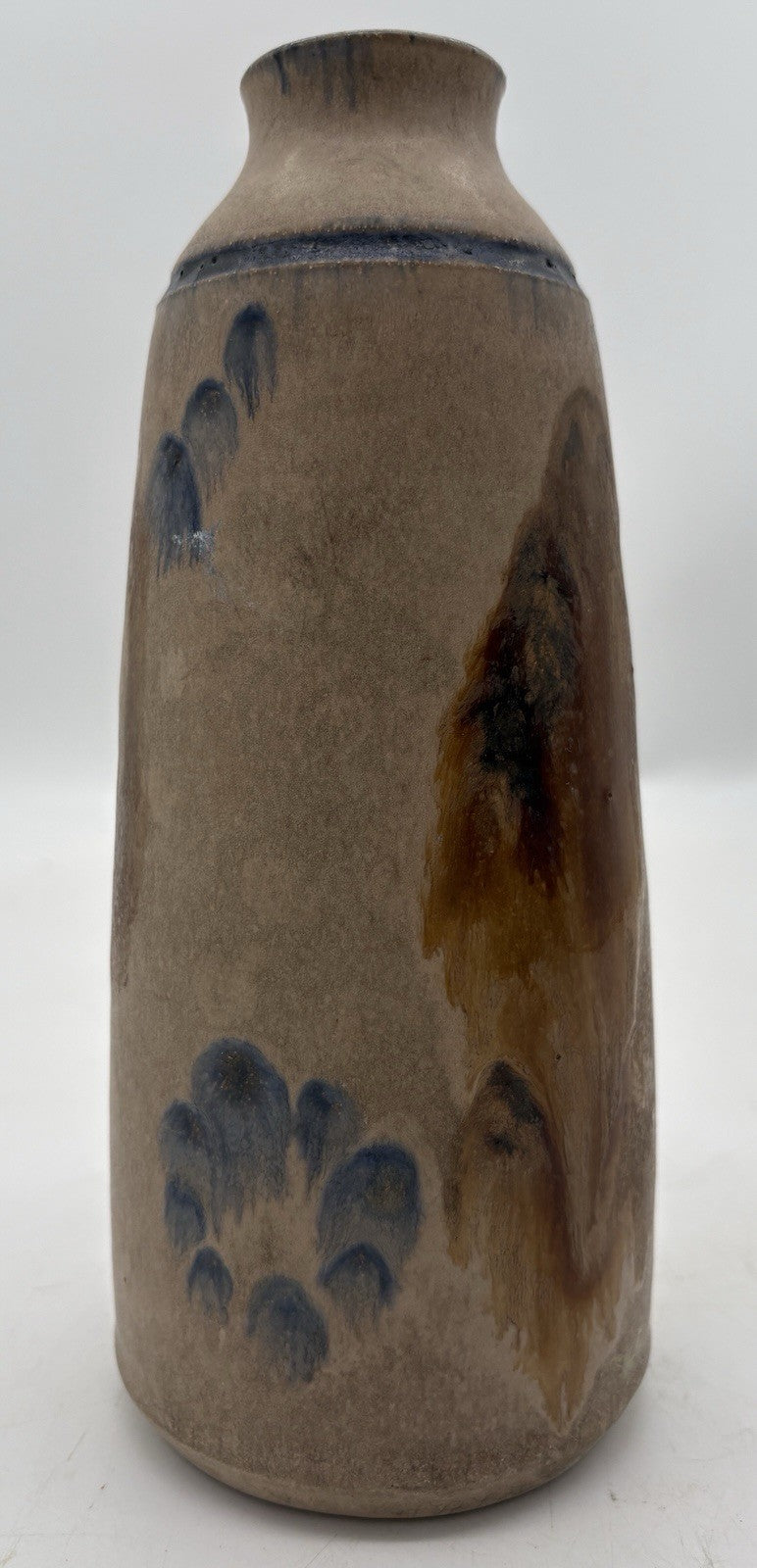 Franklin Signed Raku Pottery Bowl Taupe Blue Copper Studio Art Ceramic