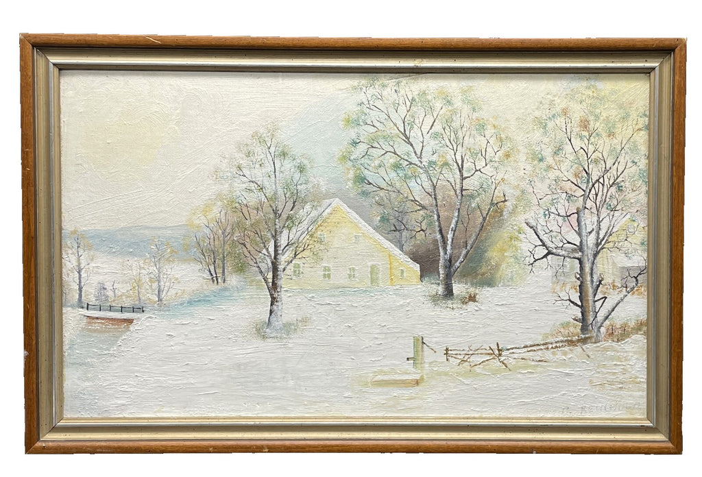C. Reinhold Winter Landscape Oil Painting - PA Folk Art Framed 20" x 13"