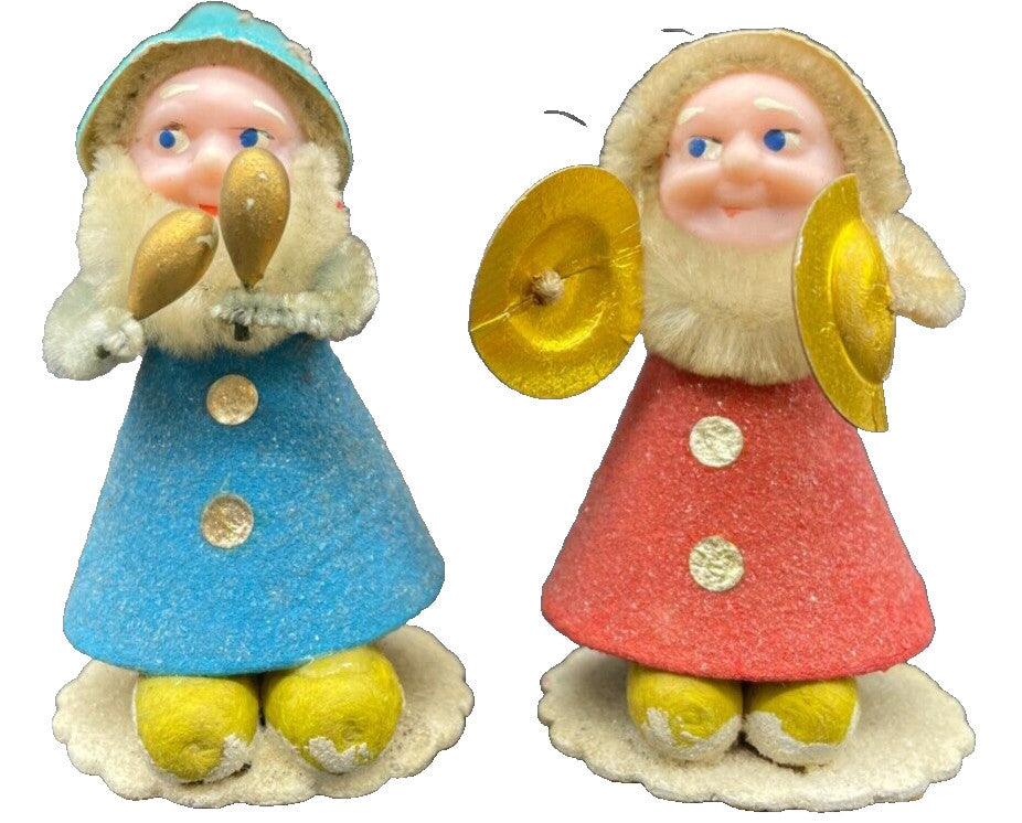 Vintage 1950s Japanese Chenille Putz Musician Elf Ornaments - Set of 2