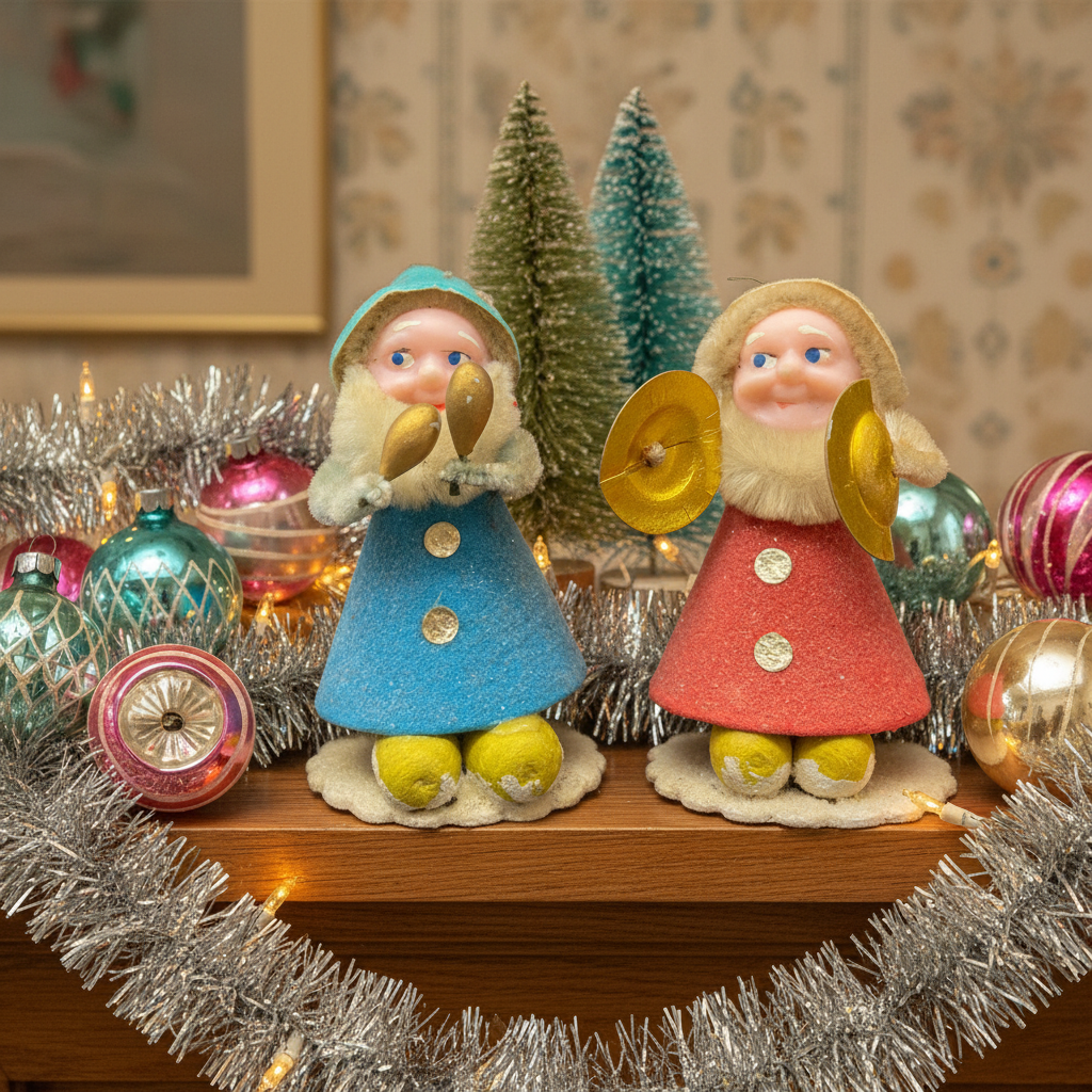 Vintage 1950s Japanese Chenille Putz Musician Elf Ornaments - Set of 2