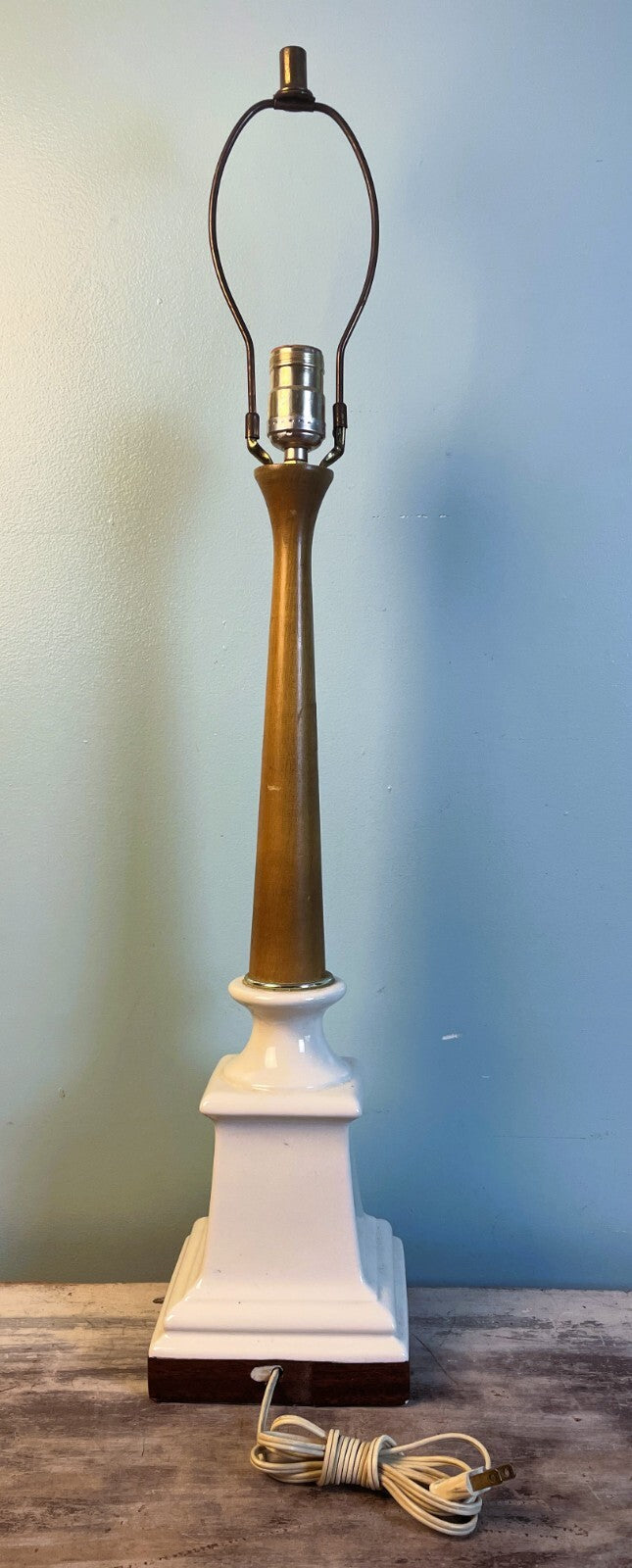 Vintage Mid-Century Modern Table Lamp Teak Wood Ceramic Retro Tall Neoclassic MCM