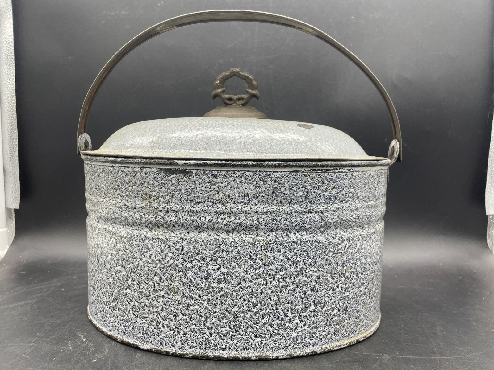 Antique Grey Gray Graniteware Enamelware Butter Storage Bucket Lunch Box Pail