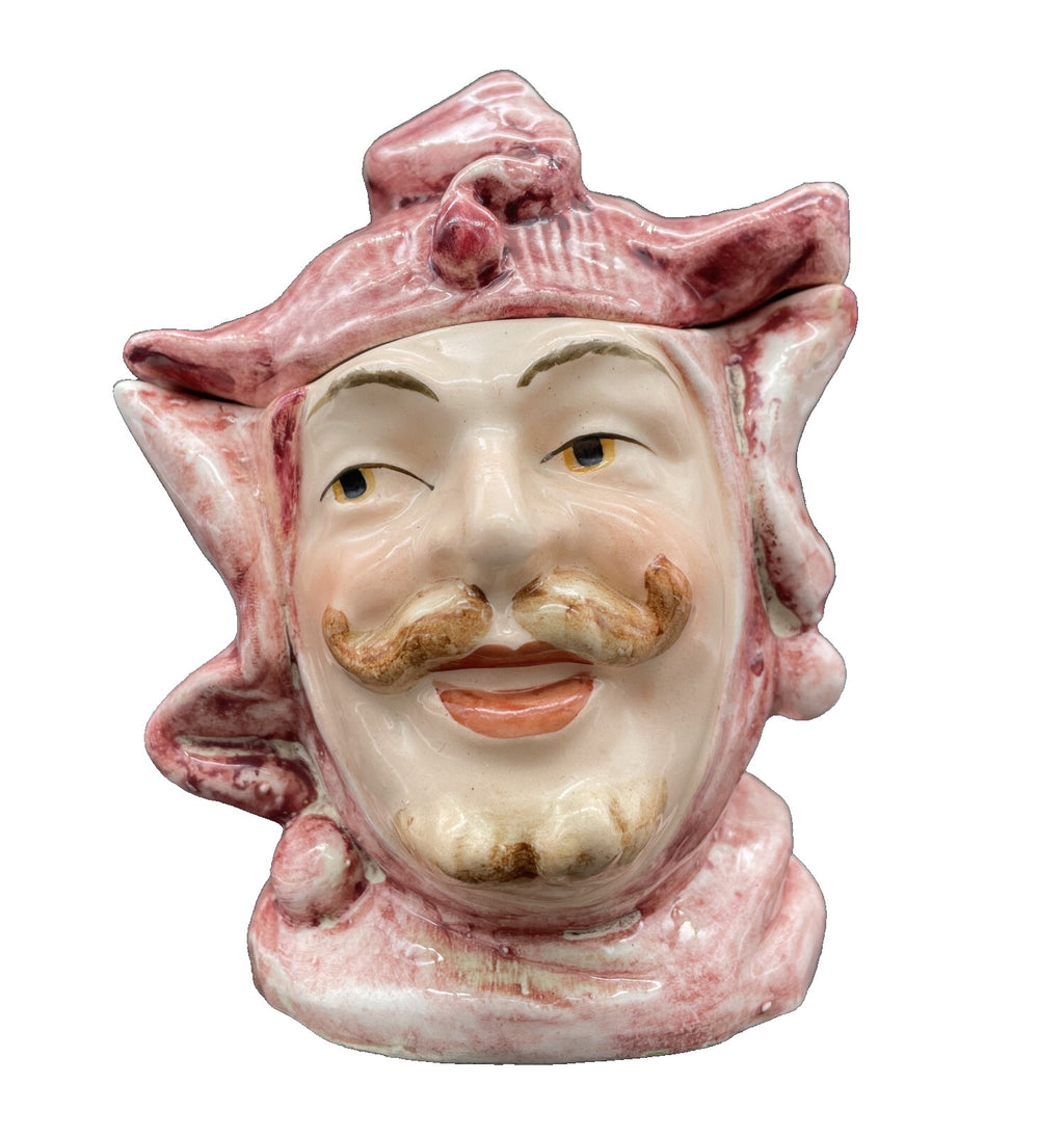 Vintage Majolica Style Figural Man Head Tobacco Jar / Humidor, Court Jester