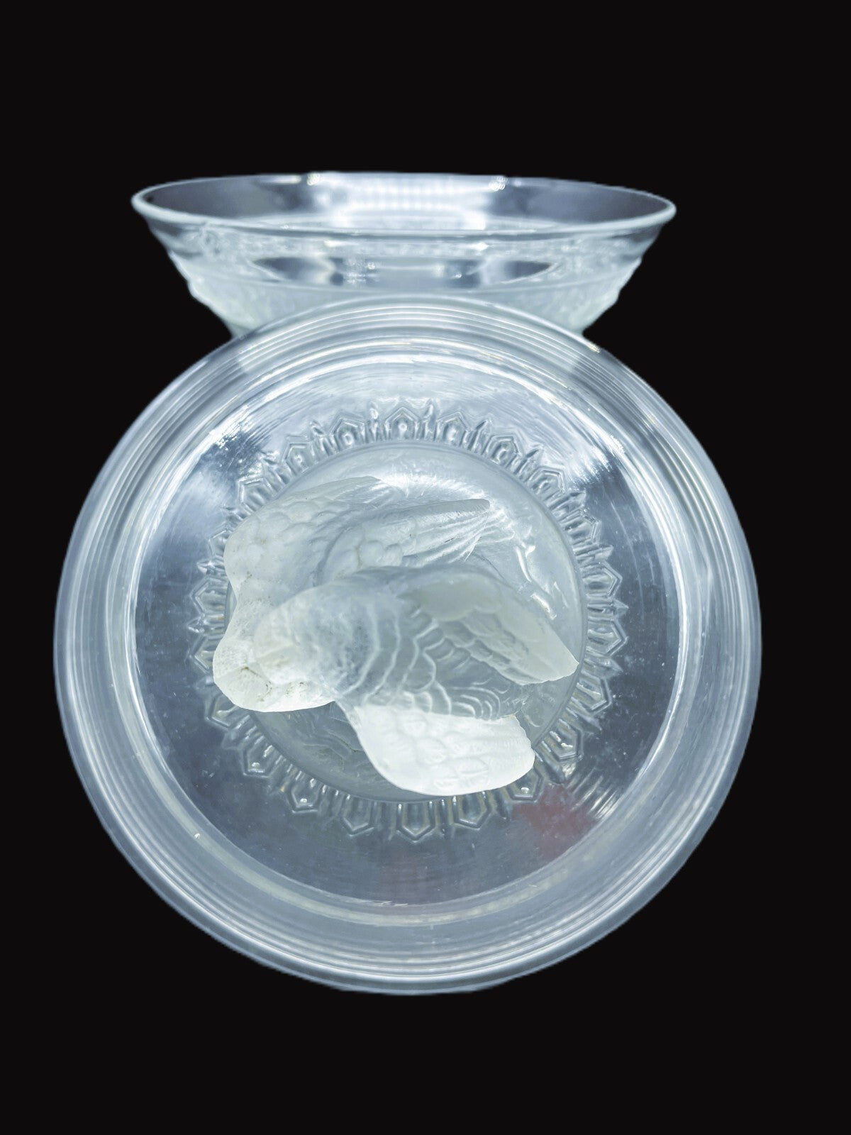 ANTIQUE EARLY AMERICAN PATTERNED GLASS COVERED COMPOTE LOVE BIRDS -C. 1870