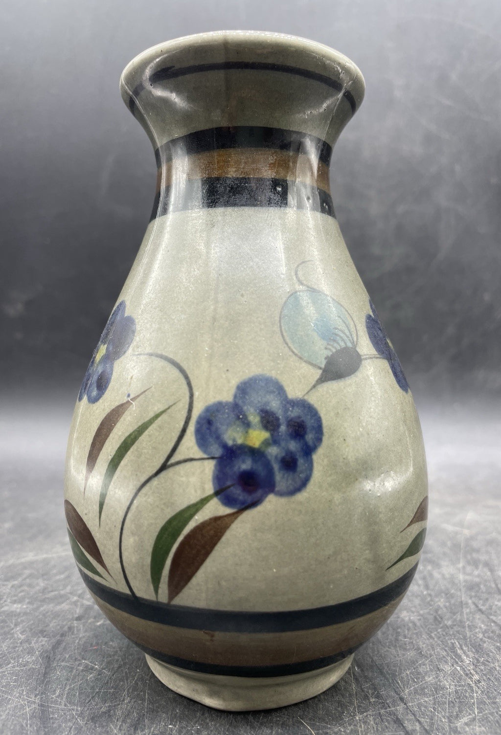 Studio Signed Art Pottery Vase - Handmade Floral Design Blue & Neutral 5.5"