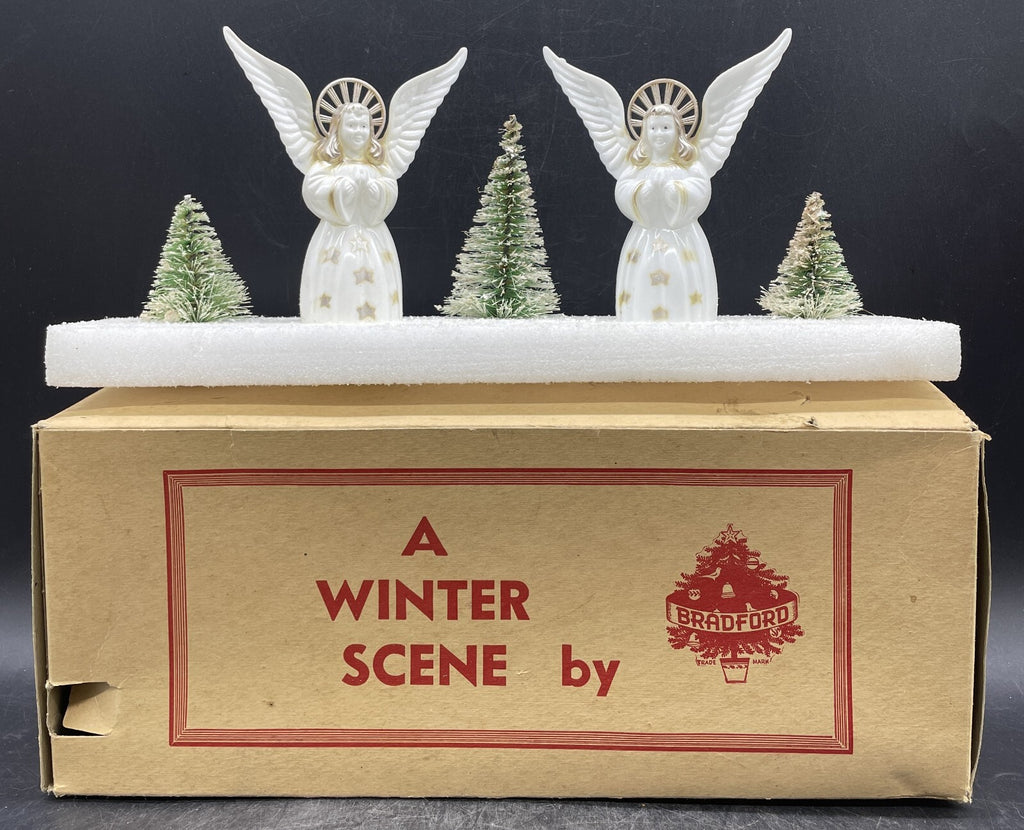 Vintage 1950s Bradford Winter Scene Christmas Angels Figurine - Boxed Hard Plastic 12"