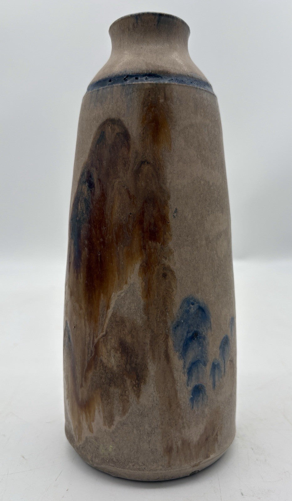 Franklin Signed Raku Pottery Bowl Taupe Blue Copper Studio Art Ceramic