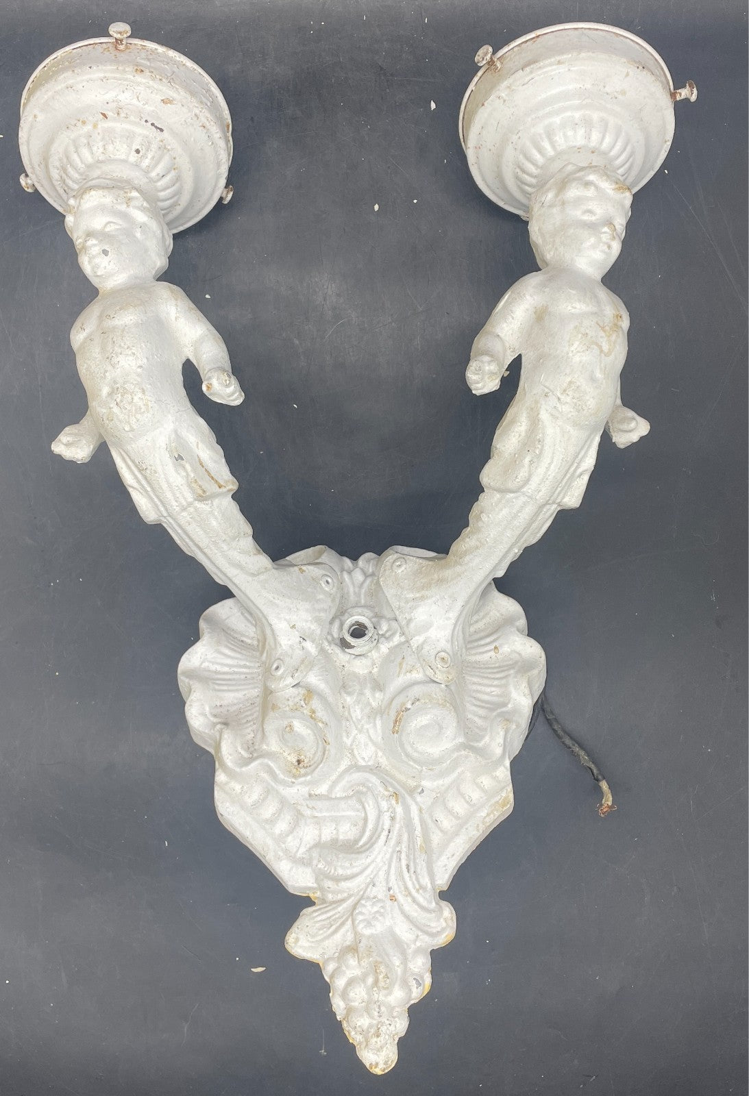 Antique Cherub Angel Wall Sconce Lights - Cast Metal Pair 15" Tall
