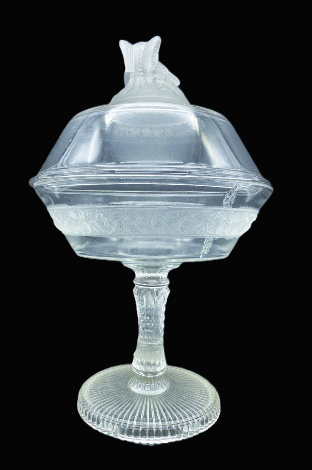 ANTIQUE EARLY AMERICAN PATTERNED GLASS COVERED COMPOTE LOVE BIRDS -C. 1870