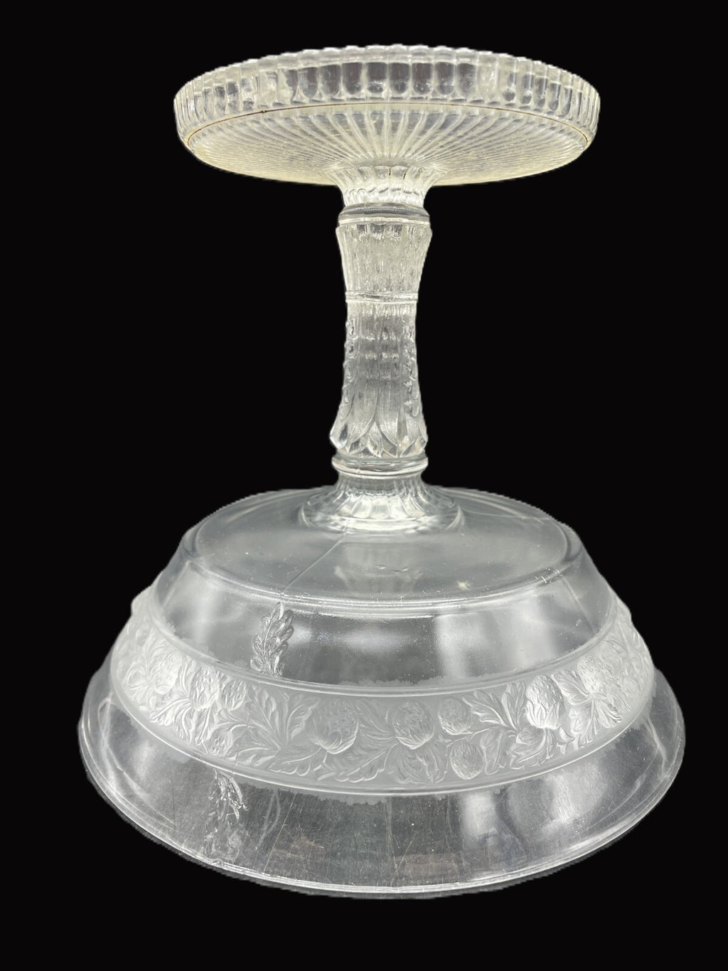 ANTIQUE EARLY AMERICAN PATTERNED GLASS COVERED COMPOTE LOVE BIRDS -C. 1870