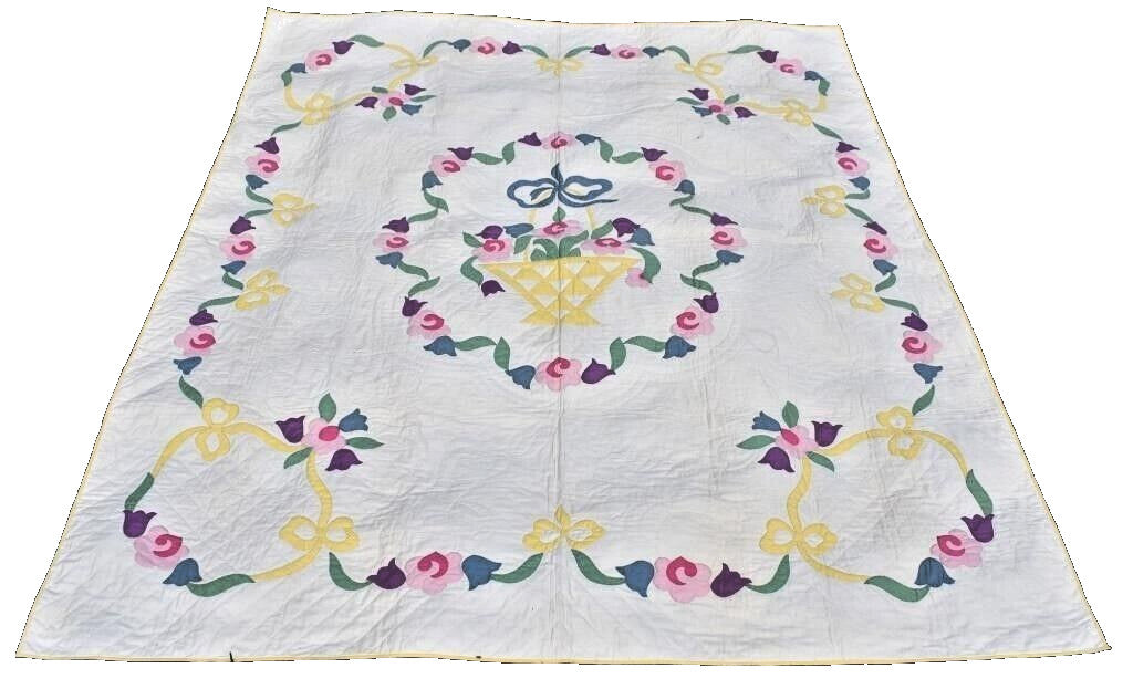 1940's Signed Ina Kimble PEACE BASKET IN WREATH Quilt 96" x 80"