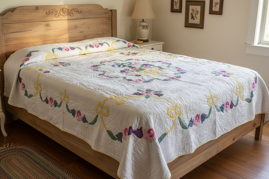 1940's Signed Ina Kimble PEACE BASKET IN WREATH Quilt 96" x 80"