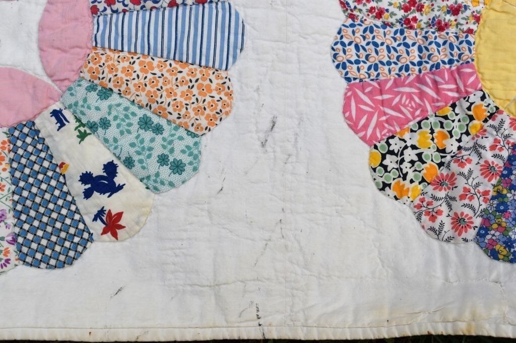 1935 Handmade Signed Ina Kimble Dresden Plate Quilt - Reel Center 64" x 78" Vintage Cotton