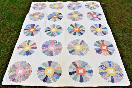 1935 Handmade Signed Ina Kimble Dresden Plate Quilt - Reel Center 64" x 78" Vintage Cotton