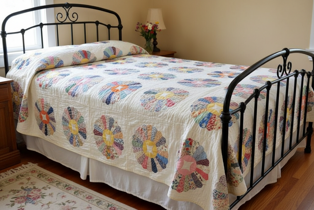 1935 Handmade Signed Ina Kimble Dresden Plate Quilt - Reel Center 64" x 78" Vintage Cotton
