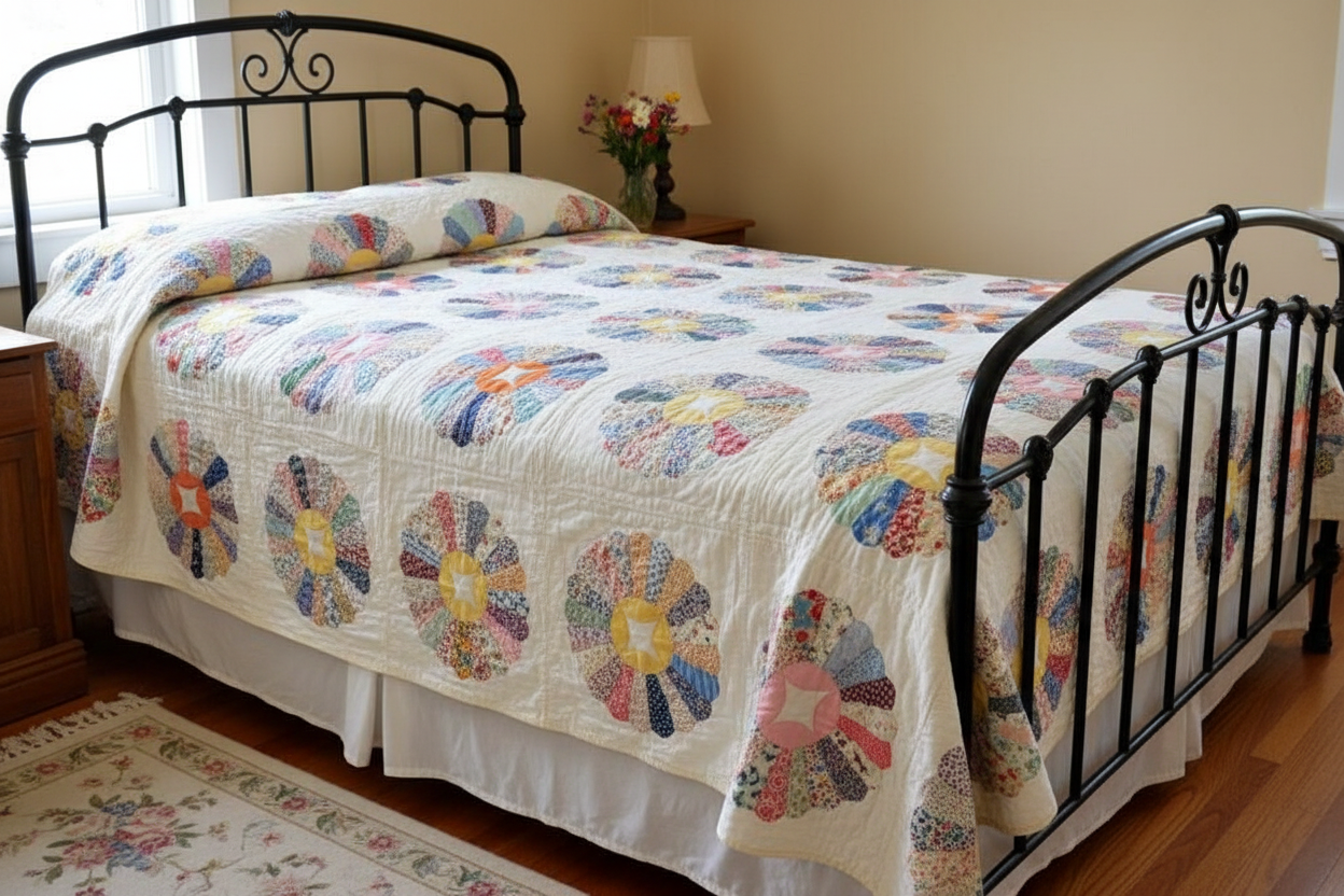 1935 Handmade Signed Ina Kimble Dresden Plate Quilt - Reel Center 64" x 78" Vintage Cotton