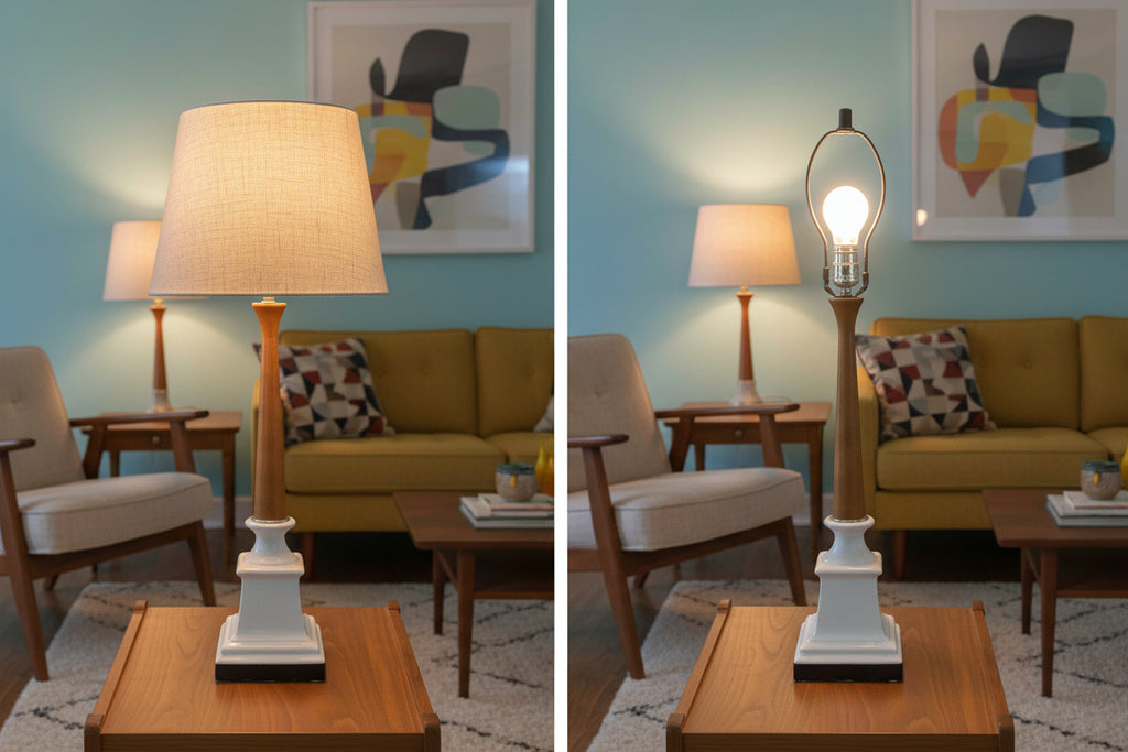 Vintage Mid-Century Modern Table Lamp Teak Wood Ceramic Retro Tall Neoclassic MCM