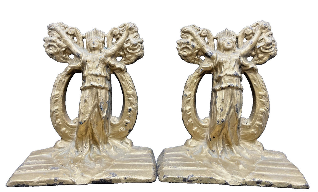 Rare 1925 Hubley Thespian Cast Iron Bookends - Drama & Comedy Theater Masks