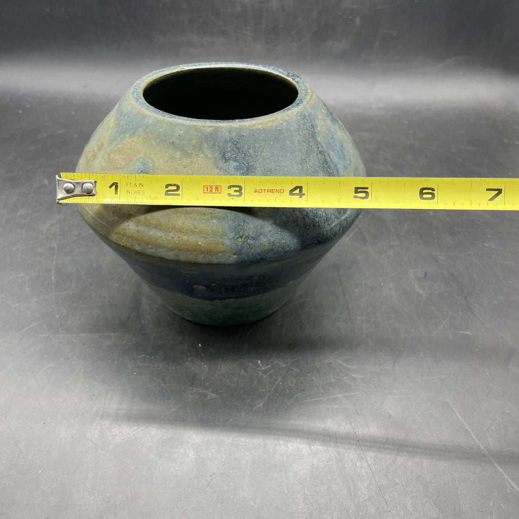 Vintage Signed Art Pottery Vase 5" x 6" Aqua Blue Green