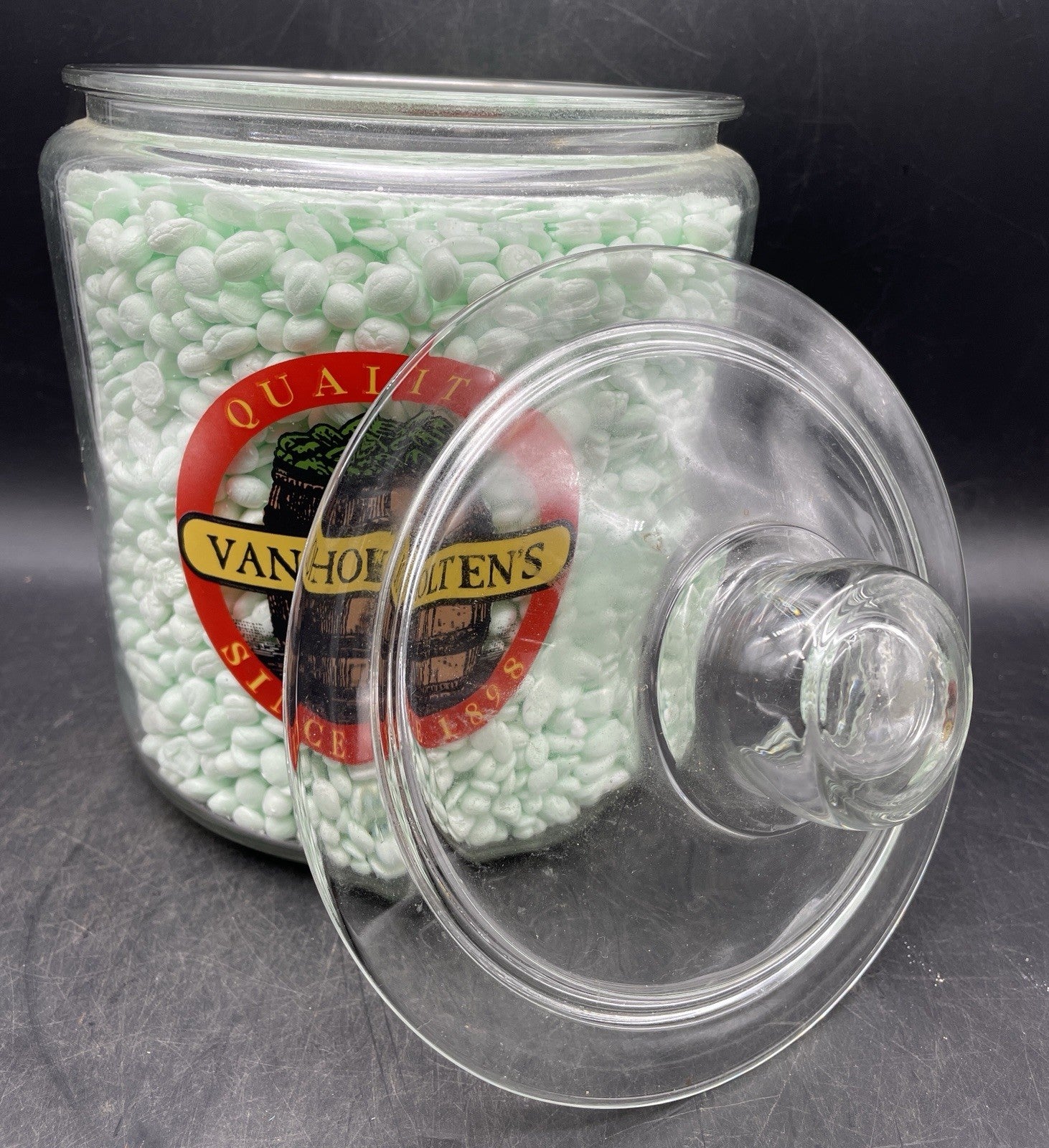 Vintage Van Holten's Glass Pickle Jar Large Keg Barrel Lid Cookie Jar