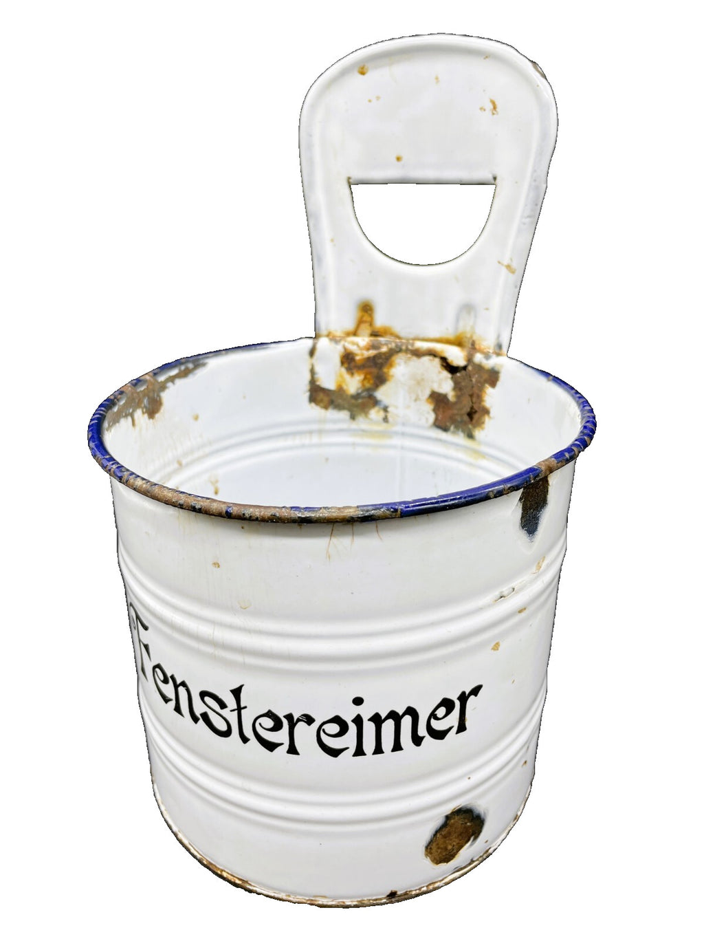 Vintage German Enamelware Bucket - Snow on Mountain White with Black Trim