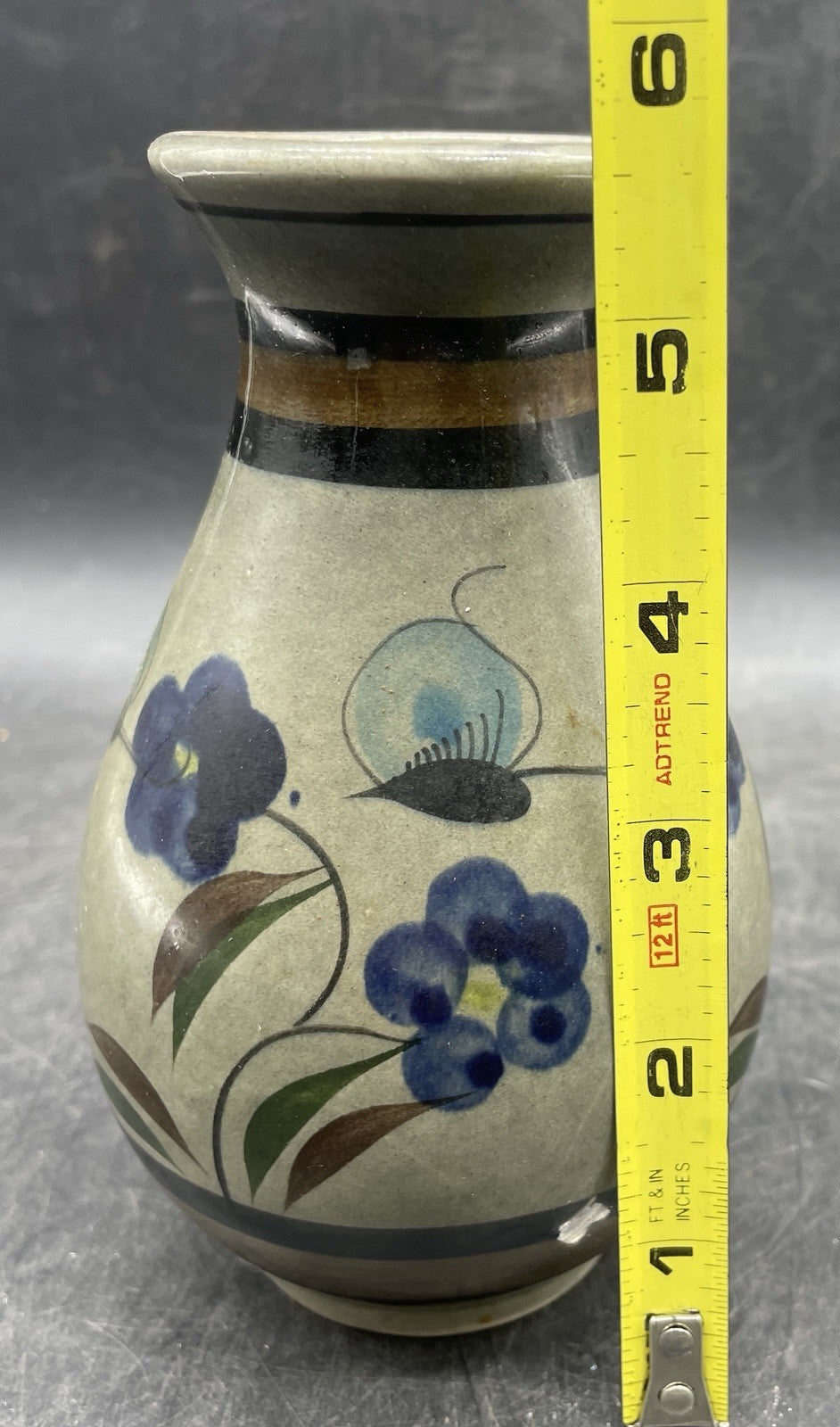 Studio Signed Art Pottery Vase - Handmade Floral Design Blue & Neutral 5.5"